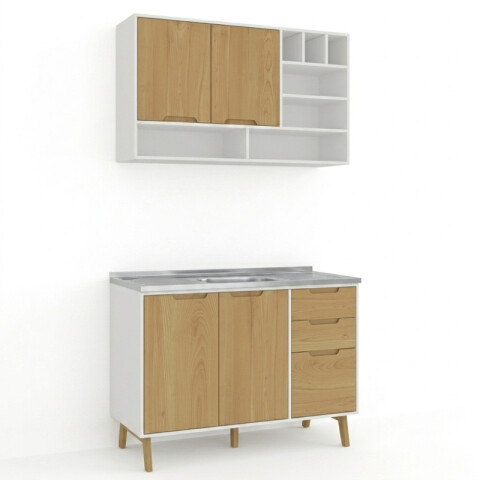 Combo de Cocina Wood Melilla Bajo Mesada Pileta Central y Aéreo con Piezas de Madera - Blanco Combo de Cocina Wood Melilla Bajo Mesada Pileta Central y Aéreo con Piezas de Madera - Blanco
