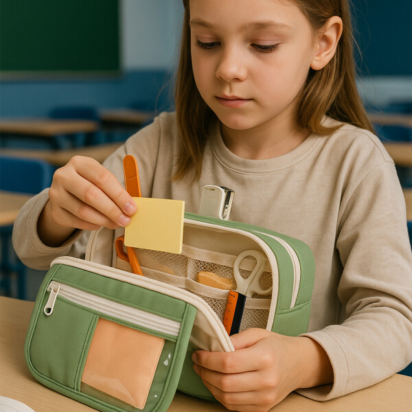 Cartuchera Organizador Escolar Grande Triple Cierre Bolsillo Color Verde