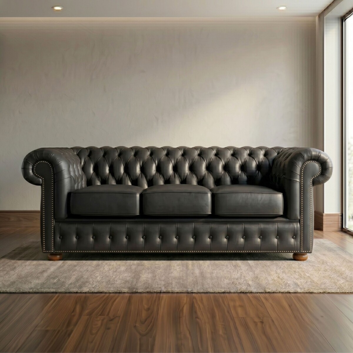 Sillón 100% Cuero - 3 Cuerpos - Chesterfield - Negro 