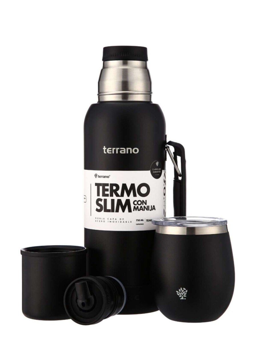 Kit Termo 750Ml. Slim Con Manija + Mate De Acero Con Tapa - Negro Opaco 