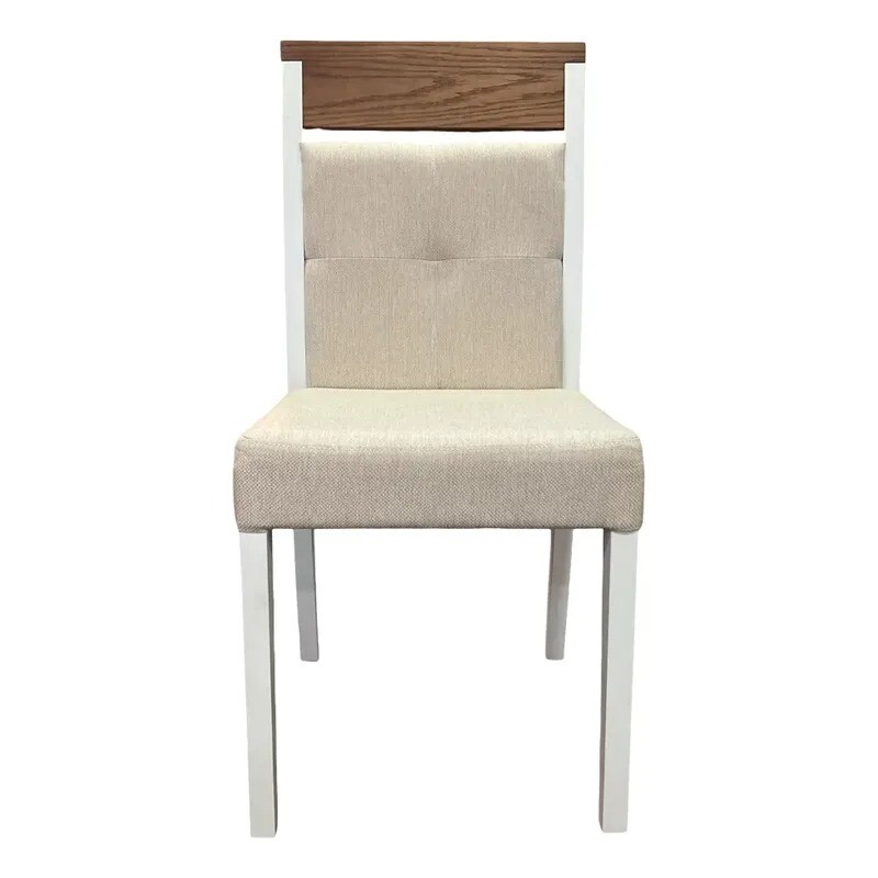Silla tapizada en tela beige, patas en color blanco - PRODUCTO CON PEQUEÑOS DETALLES. Silla tapizada en tela beige, patas en color blanco - PRODUCTO CON PEQUEÑOS DETALLES.