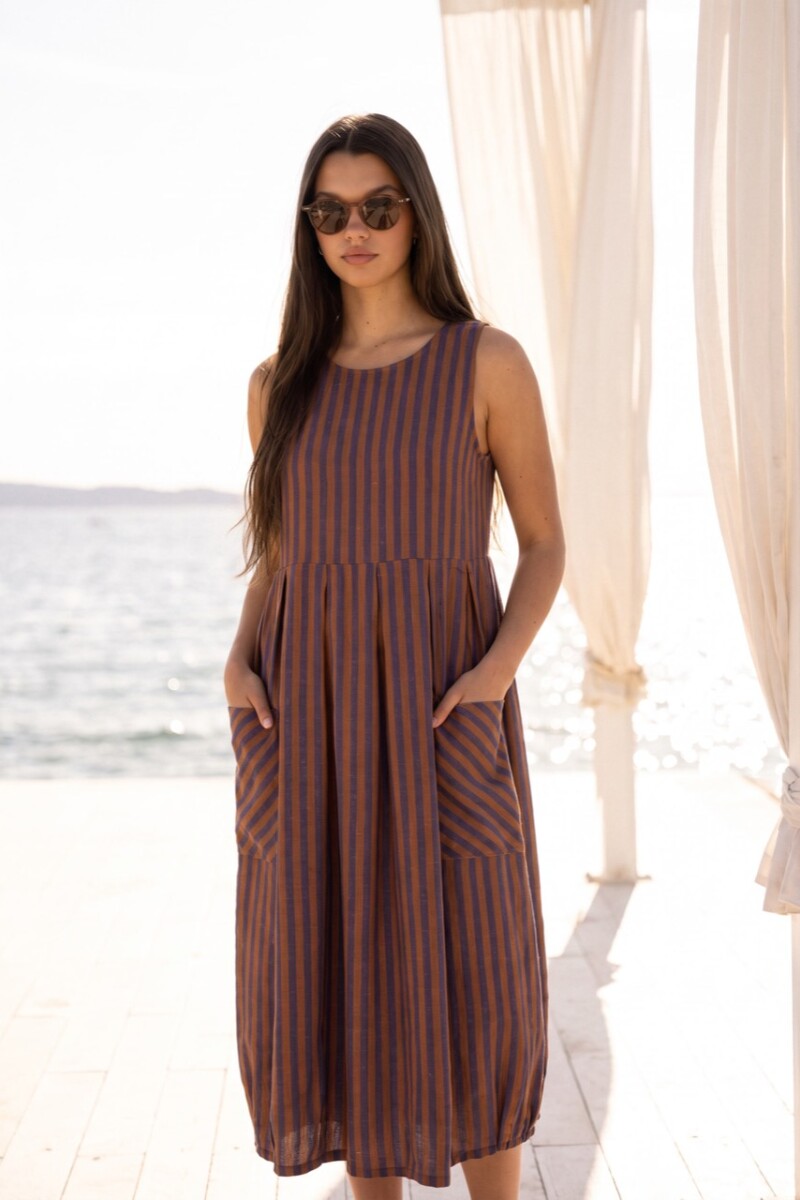 Vestido Rayado Con Lino Multi
