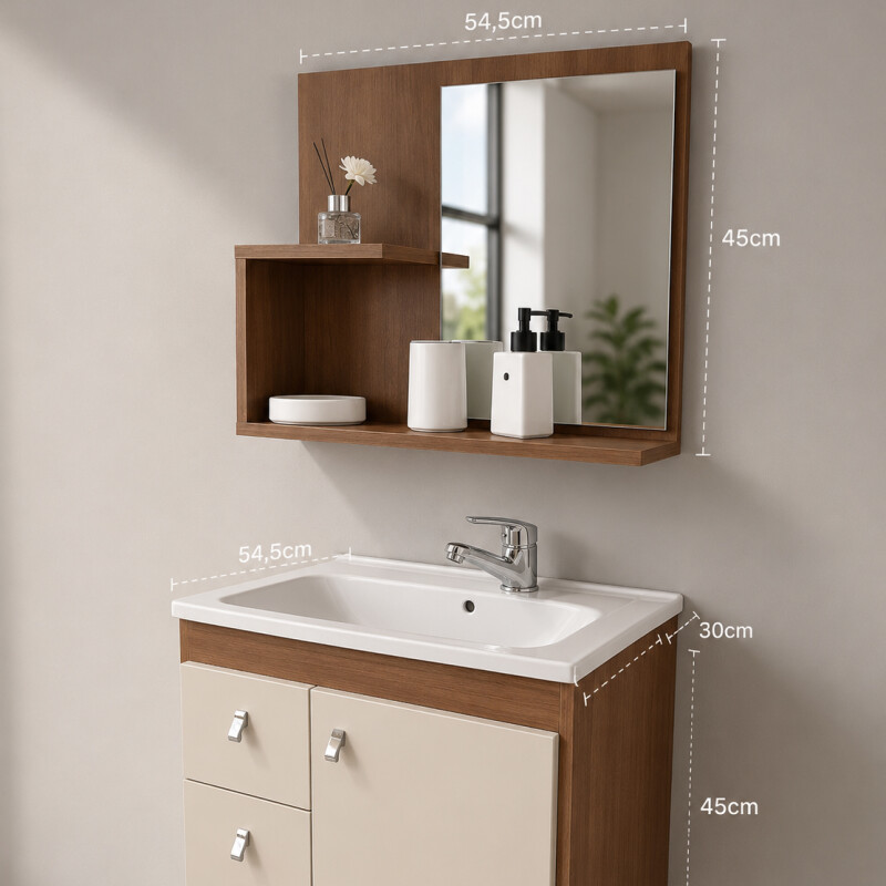 Mueble Baño Luna + Bacha + Espejo Premium 15mm Blanco Nogal Mueble Baño Luna + Bacha + Espejo Premium 15mm Blanco Nogal