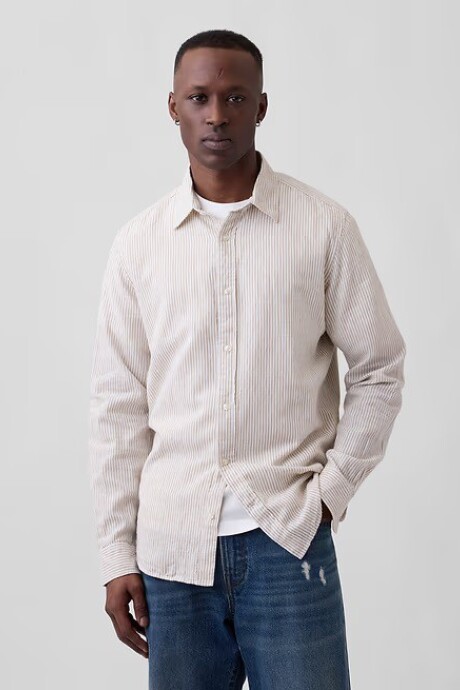 Camisa De Lino Hombre White Khaki Stripe