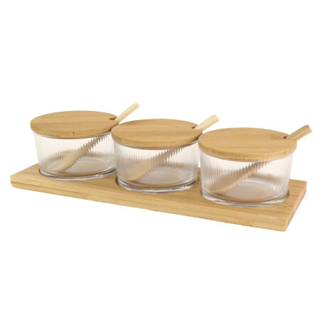 Set de 3 condimenteros con cuchara y bandeja Set de 3 condimenteros con cuchara y bandeja