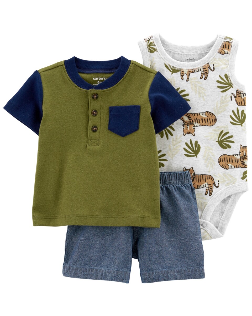 Set tres piezas de algodón, short, remera y body, diseño tigre 