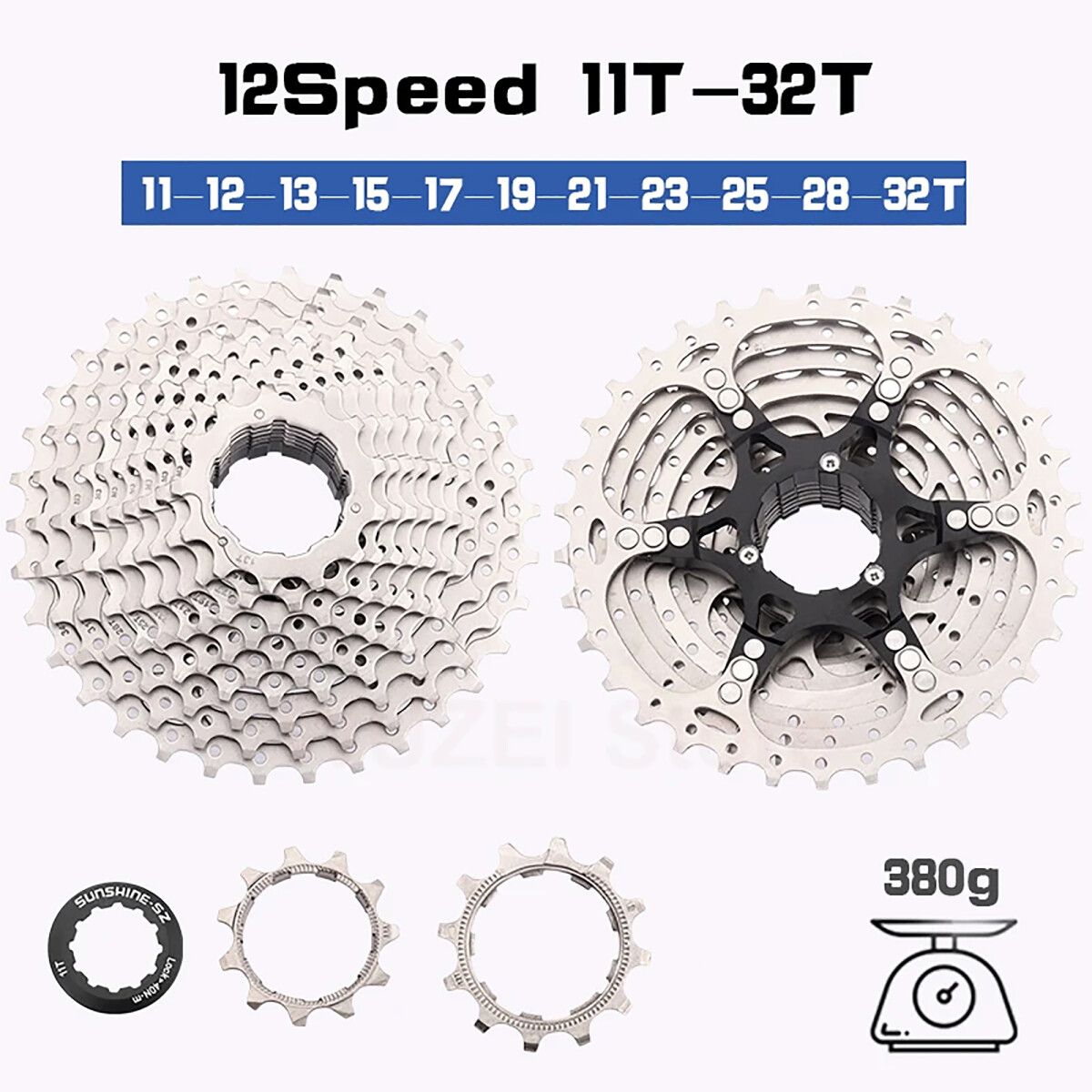 Sunshine - Cassette 12S 11T-32T - para Bicicletas de Carretera. Acero. 