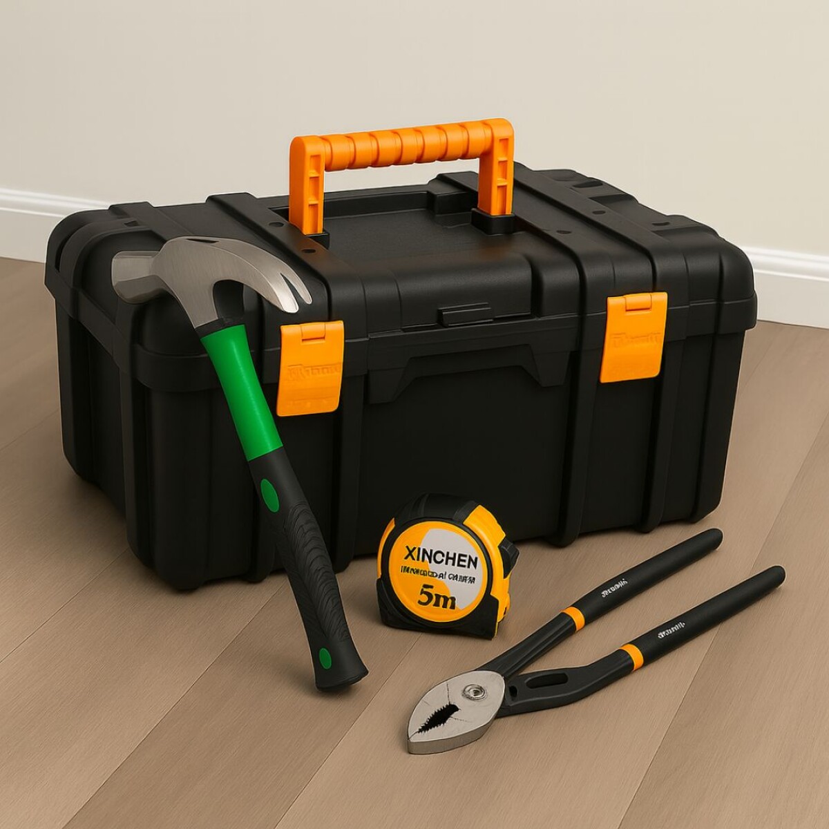 PACK CAJA HERRAMIENTAS + METRO + MARTILLO + ALICATE 