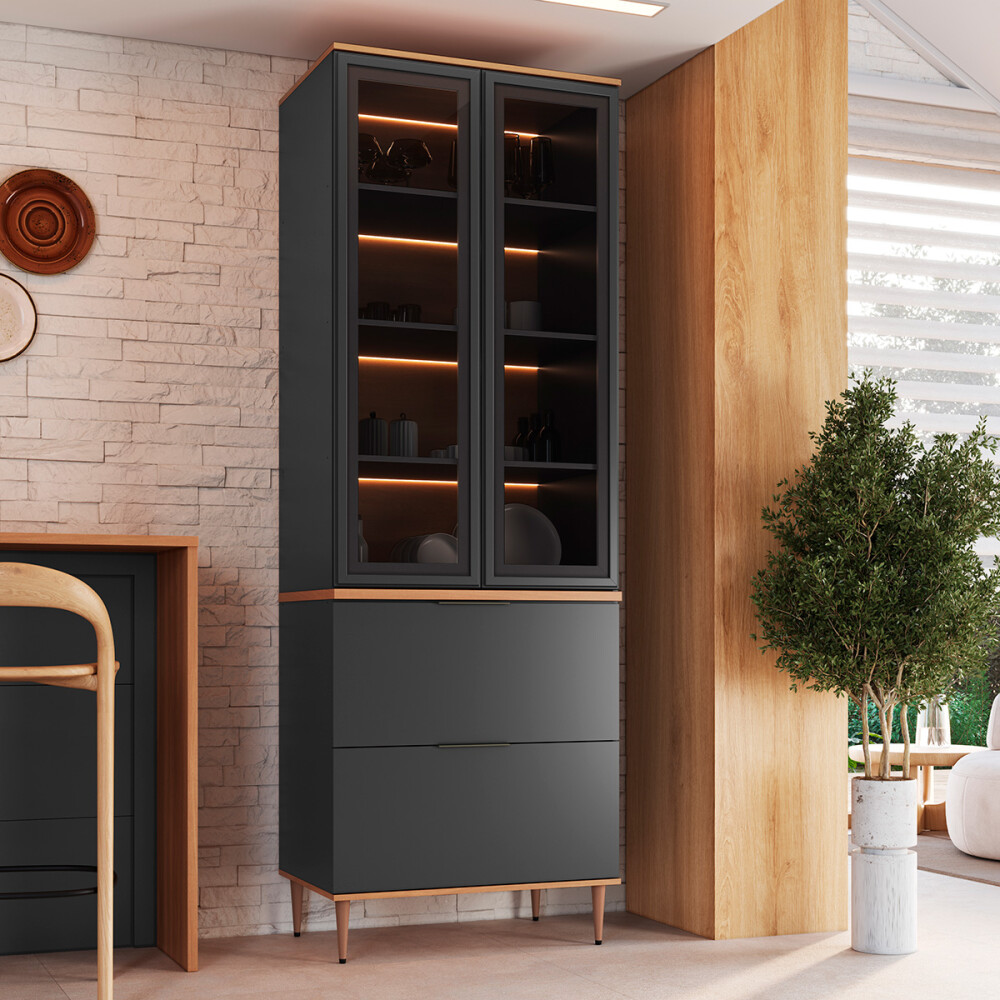 Módulo superior complementario ALICE 0,80 m, 2 puertas de vidrio, color Grafito Módulo Superior Complementario Alice 0,80 M, 2 Puertas De Vidrio, Color Grafito