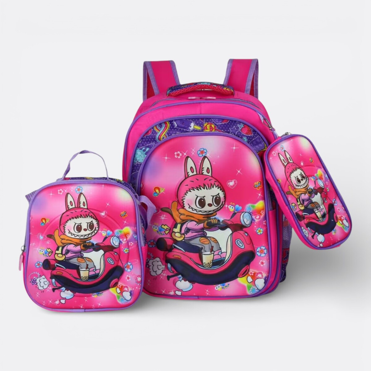 Kit Escolar Labubu Mochila + Cartuchera + Lonchera Mood - Labubu Moto 