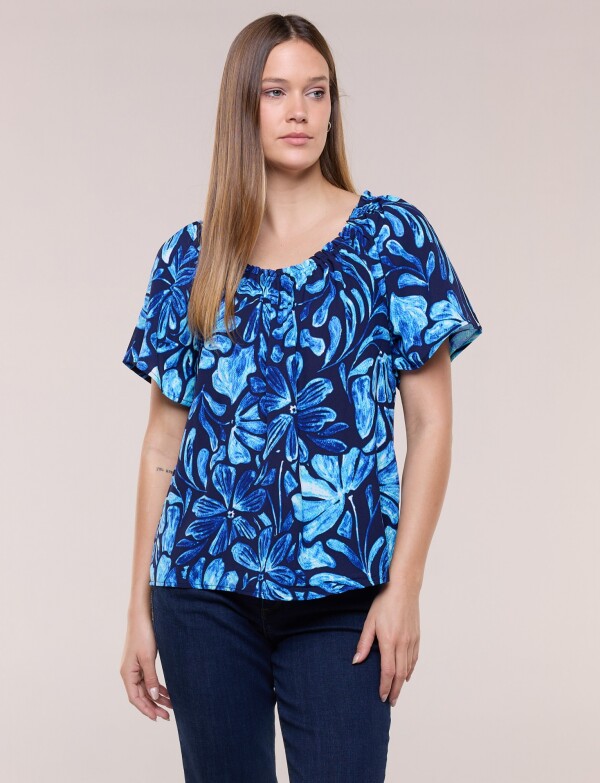 Blusa Holgada Escote Redondo Elastizado AZUL/MULTI