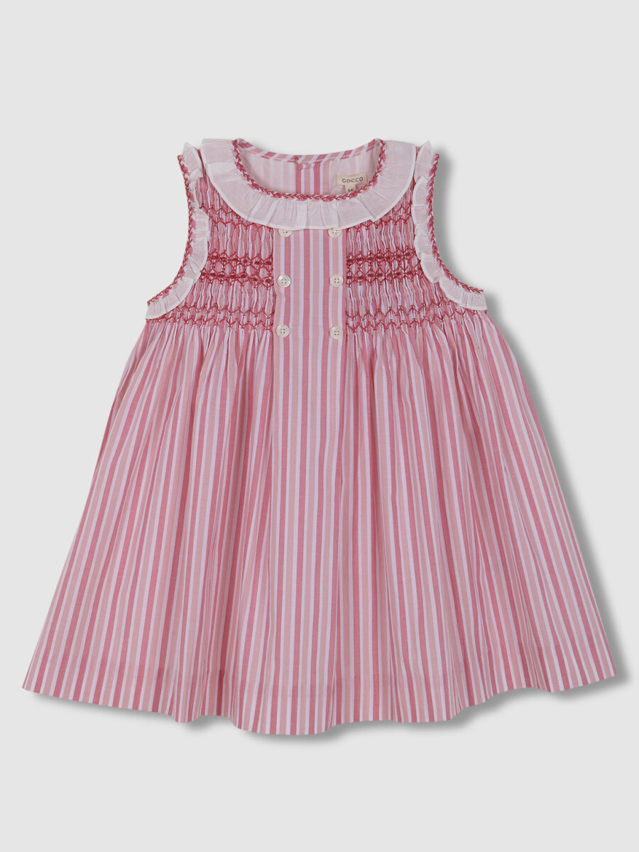 Vestido De Rayas Con Nido De Abeja Y Volante Rosa