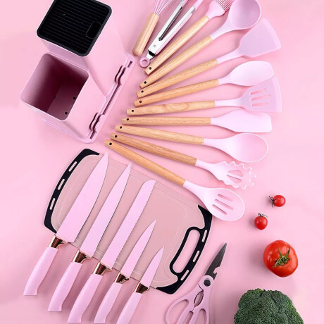 Set Cocina Menage 19Pz Utensillos Cuchillos Tabla c/Soporte Rosa
