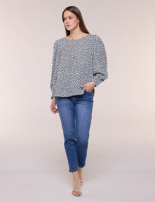 Blusa Manga Larga Abullonada Con Puño Ancho BLANCO/NEGRO