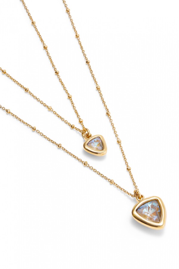 COLGANTE DE ALEACION DE METALES BAÑADO EN ORO 18K CON DOBLE CADENA Y TRIÁNGULO DE CRISTAL MULTICOLOR Colgante