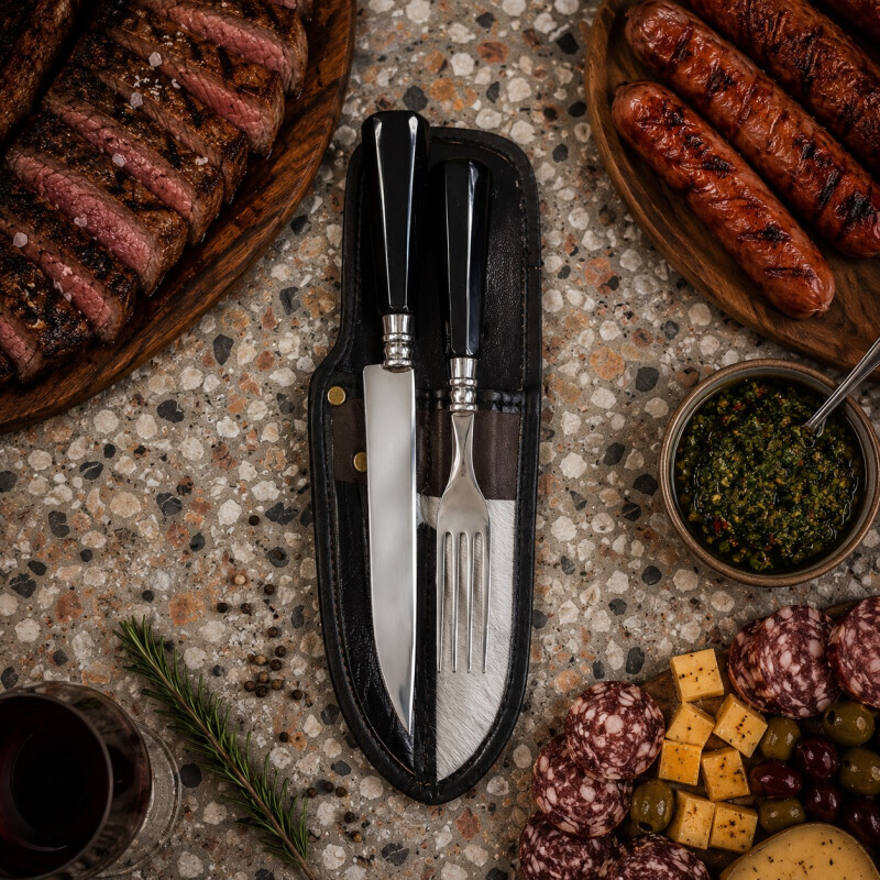 Set de Asado Artesanal - Cuchillo y Tenedor Parrillero Guampa o Hueso N°5 Negro
