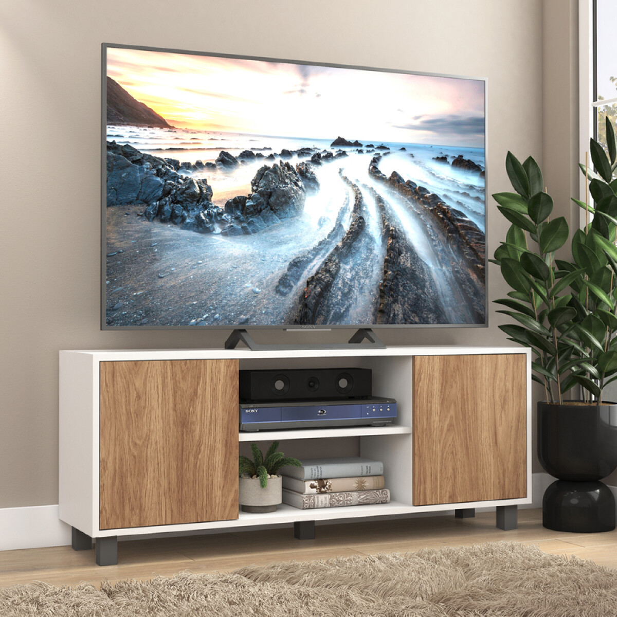 Mueble Rack de Tv Hasta 50" Manhattan de Piso con 2 Puertas y Estantes 120 cm de Ancho - Manchester / Blanco 