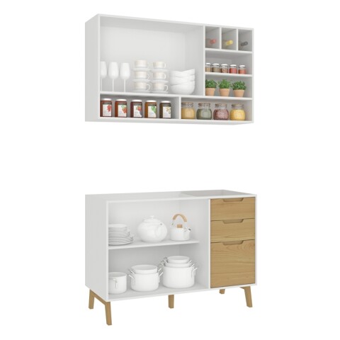 Combo de Cocina Wood Melilla Bajo Mesada Pileta Central y Aéreo con Piezas de Madera - Blanco Combo de Cocina Wood Melilla Bajo Mesada Pileta Central y Aéreo con Piezas de Madera - Blanco