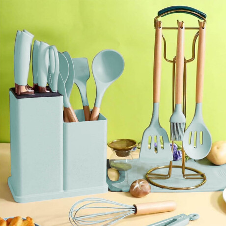 Set X19 Utensilios El Chingón Silicona Antiadherente Celeste