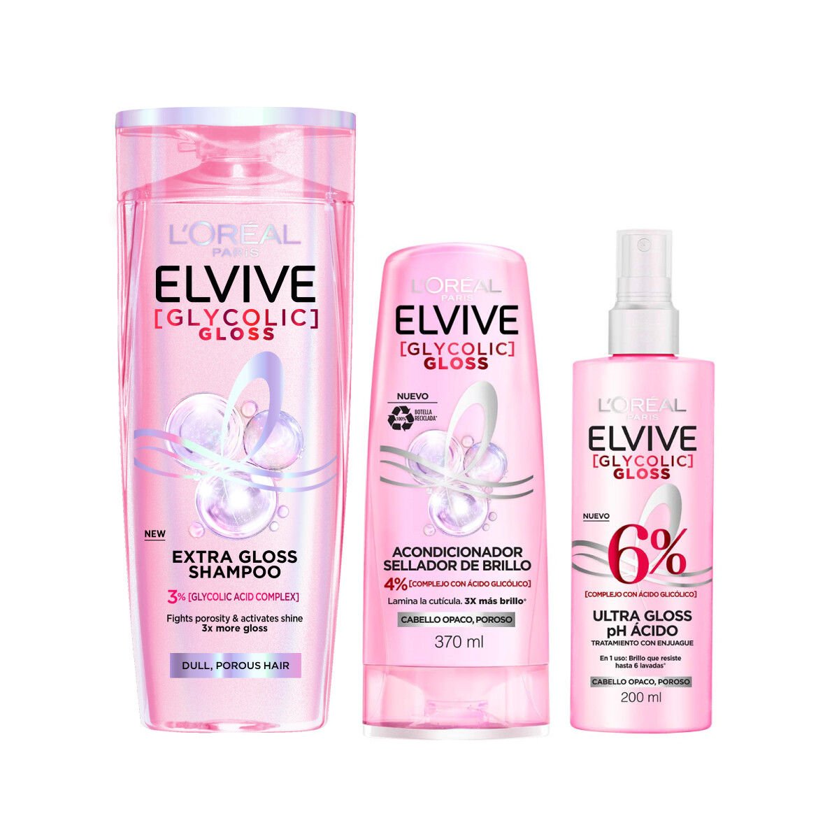 Pack L'Oreal Paris Elvive Glyco Gloss - Shampoo 680 + Acondicionador 370 + Tratamiento Capilar 200ml 