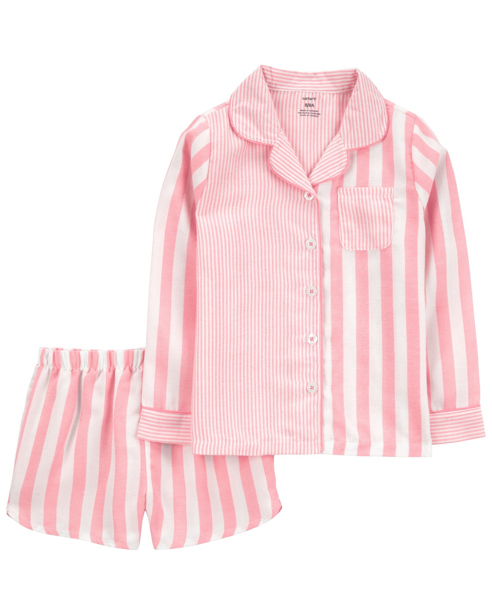 Pijama dos piezas de sarga, short y camisa diseño a rayas. Talles 6-10 Sin color