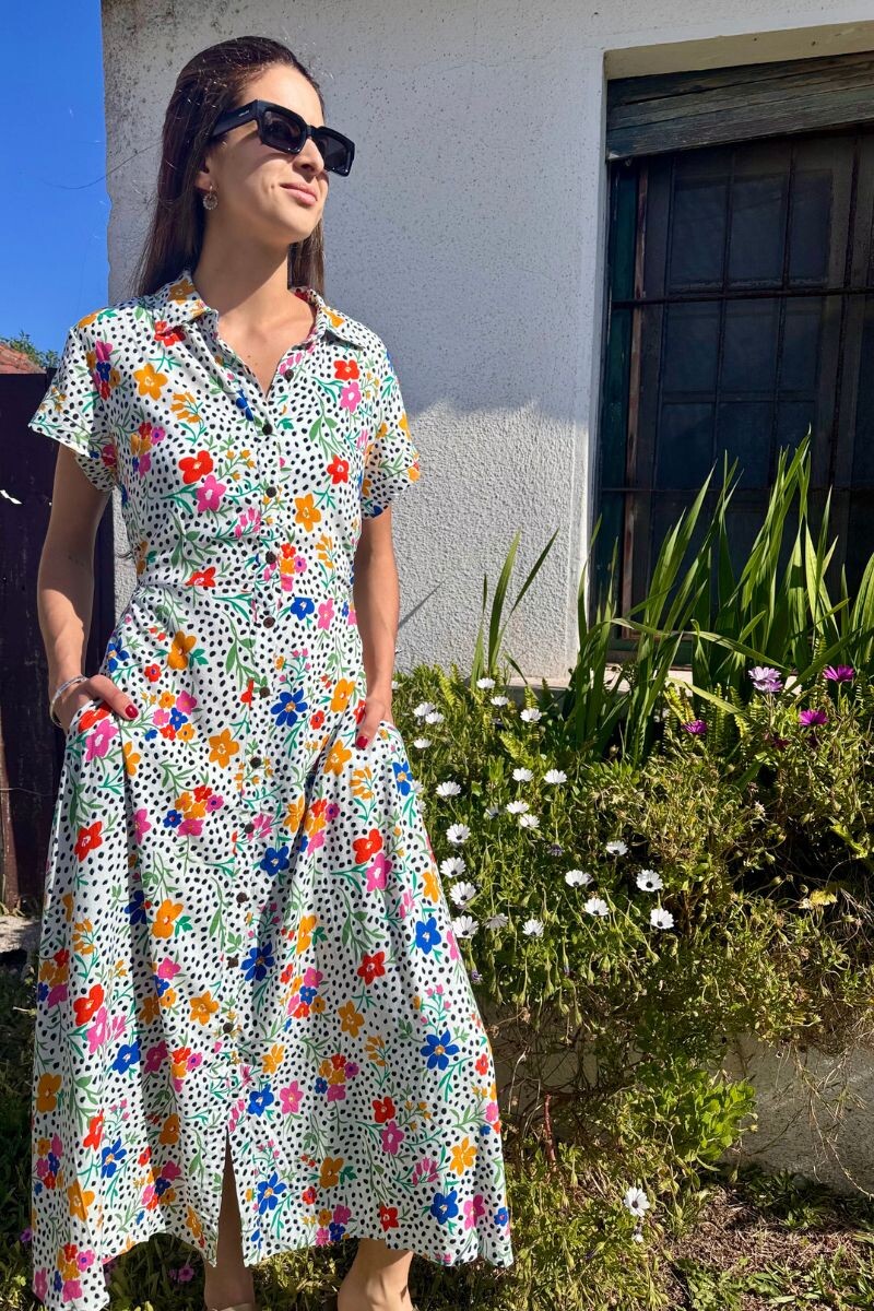 Vestido camisero largo - Flores 