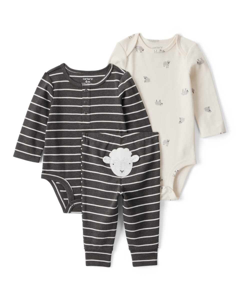 Set tres piezas de algodón, pantalón y dos bodies manga larga, diseño ovejas 