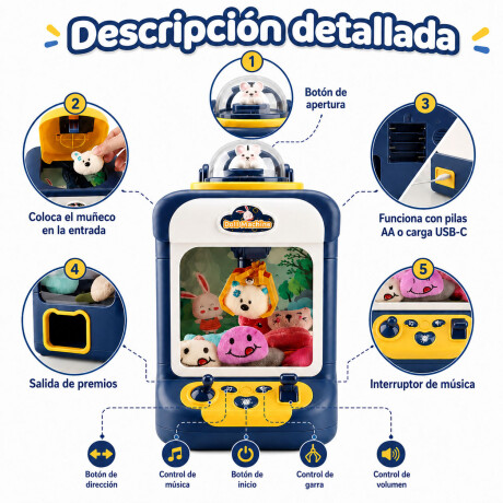 Mini Máquina Atrapa Peluches Conejo Luz Y Sonidos 60s USB-C Azul