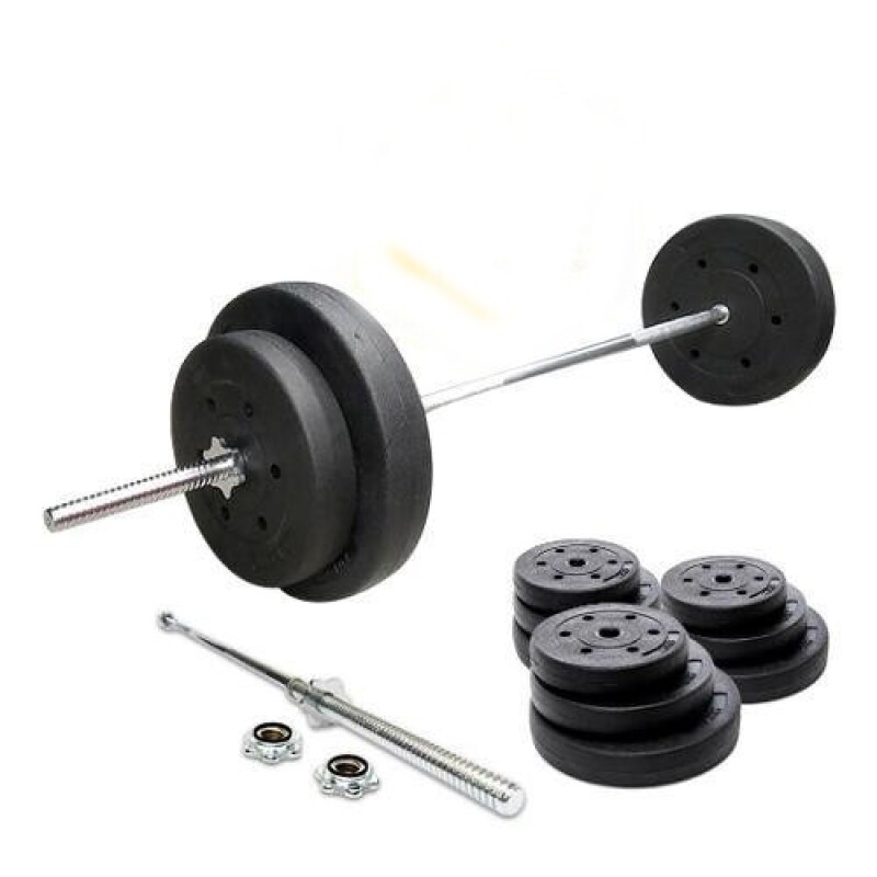 Kit de Barra Recta Larga Maciza De 1.80mts + 60kgs En Discos 4x10Kg 2x5Kg 4x2.5Kg