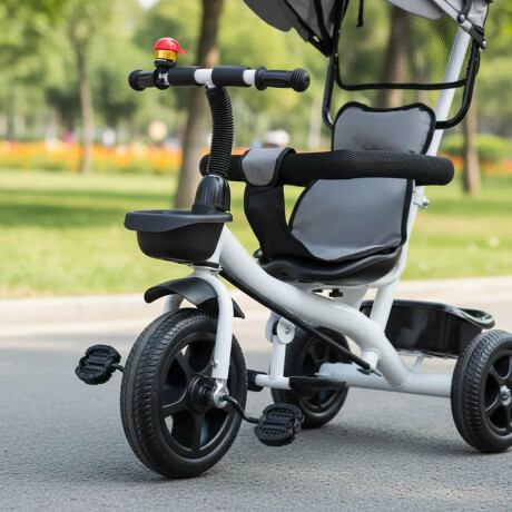 Coche Triciclo A Pedal C/ Guía, Capota Y Accesorios Gris