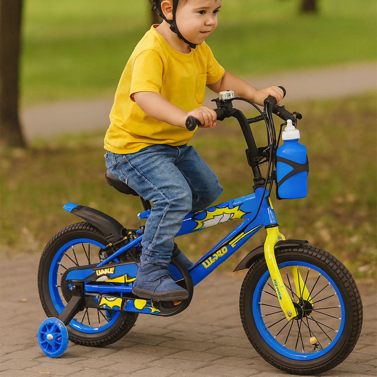Bicicleta Infantil Rodado 12 Con Rueditas Auxiliares Y Portabotellas Blanco - Azul 