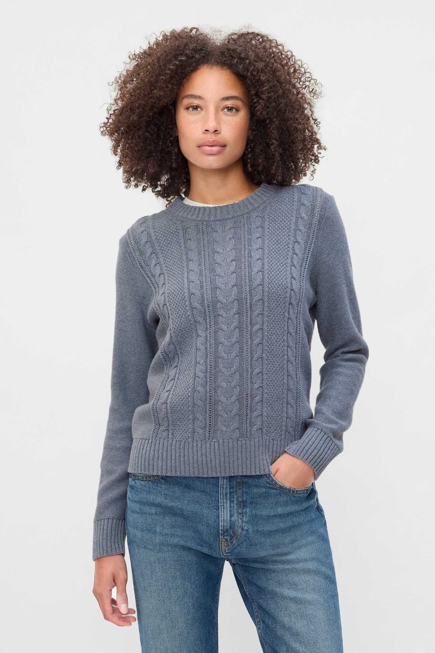 Buzo Cuello Redondo Cable Mujer Light Blue Heather