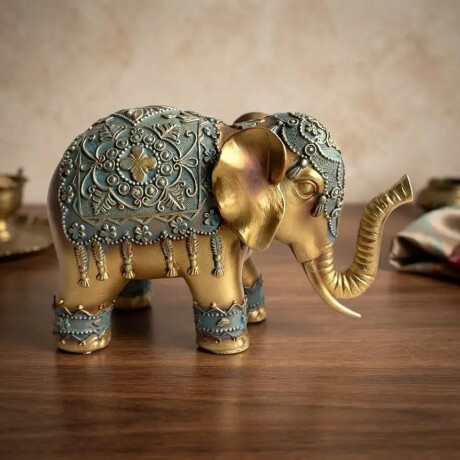 Adorno Elefante Oro Y Turquesa Trompa Abajo Adorno Elefante Oro Y Turquesa Trompa Abajo