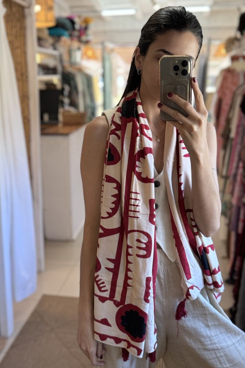 Pañuelo rayón Beige y Rojo