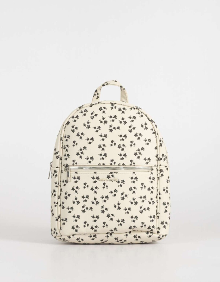 Mochila De Cuerina Con Bolsillo - Estampado Flores 