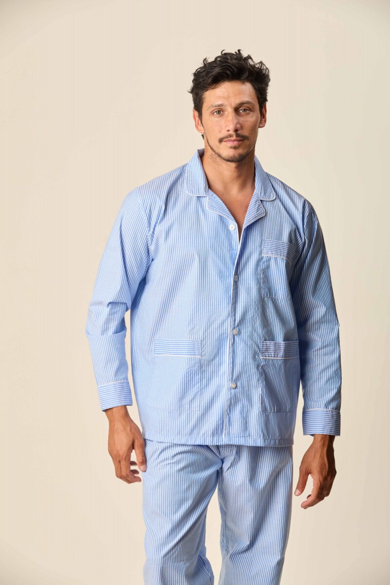 Pijama Algodón - Pijama Algodón Celeste Rayas 