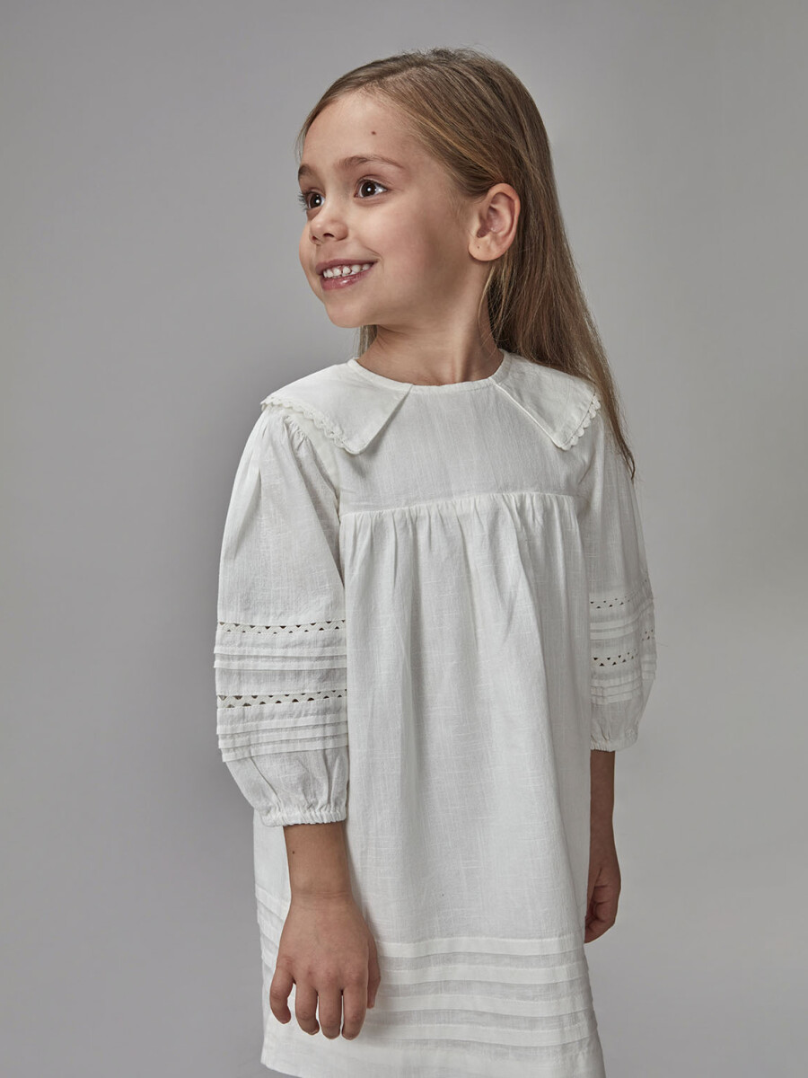 Vestido Manga Abullonada Con Tablas Y Ri Blanco Roto