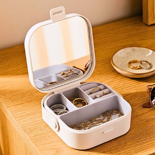 Mini Joyero Organizador Alhajero 9 X 9cm C/ Espejo Asa Blanco