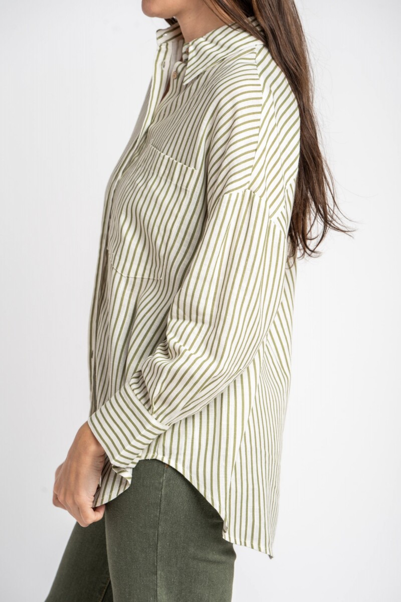 Camisa Rayada Con Lino Oliva