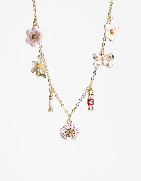 Collares Cortos Con Dijes Collar Corto Multicharms Flores - Dorado