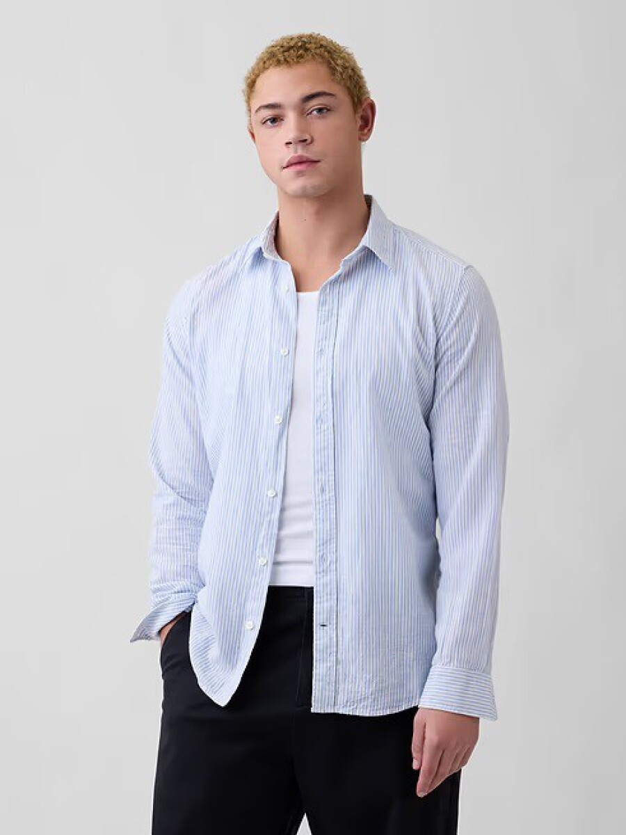 Camisa De Lino Hombre - White Blue Stripe 