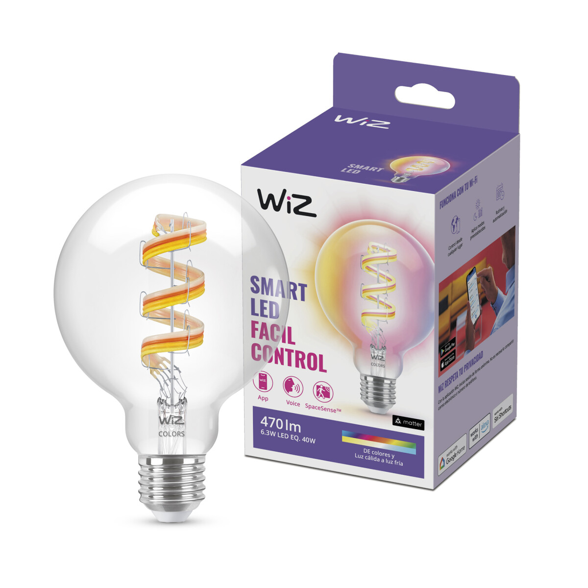 Philips Wiz - Lámpara Led Inteligente 929003267212 - 6,3W. Blanco y Color. G95. E27. 2200K-6500K. 