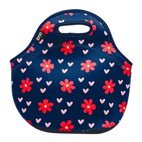 Lunchera de Neopreno Brio Bolso Térmico Bebida Comida c/ Asa Azul Flores Rojas