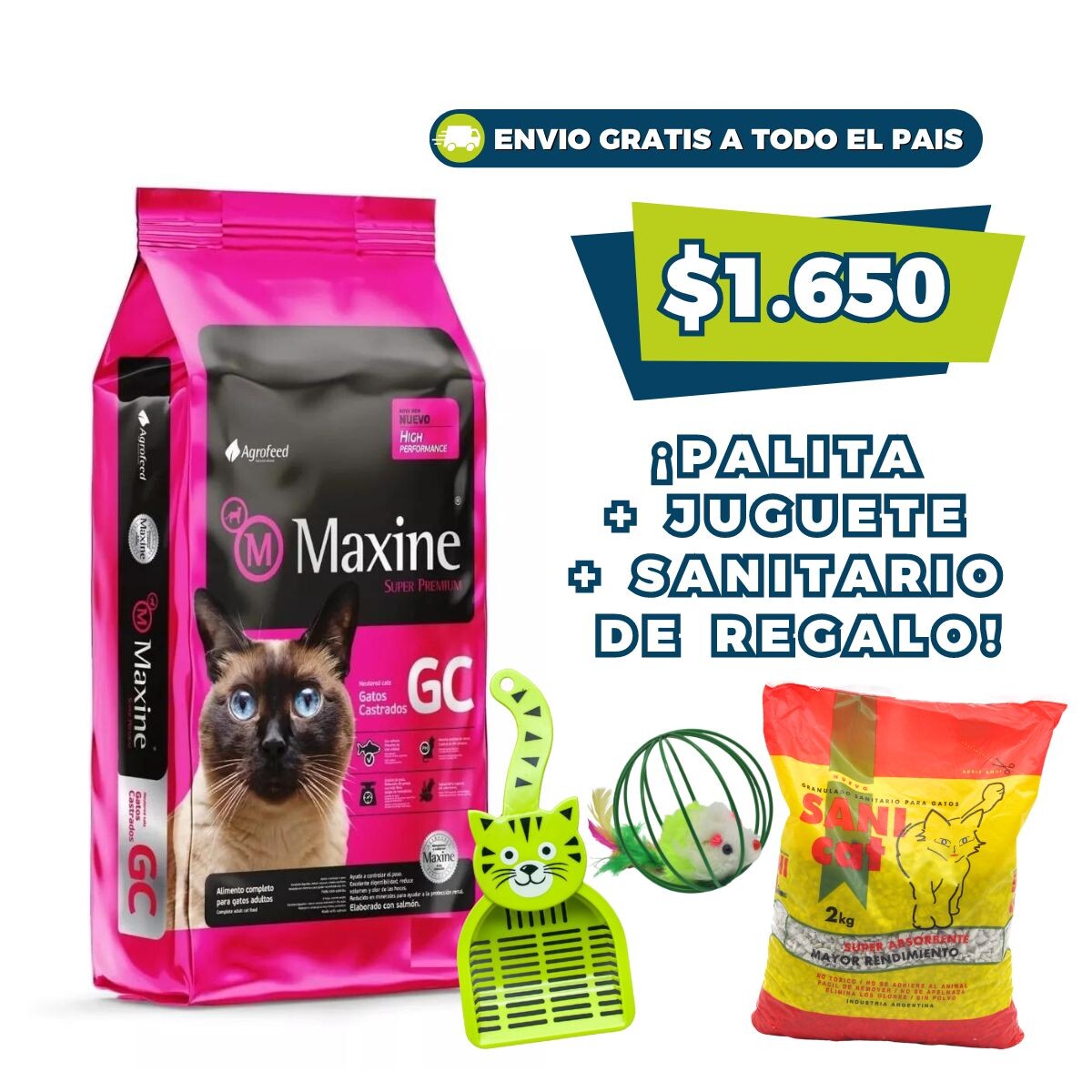 MAXINE GATOS CASTRADOS - 7.5 KG + SANITARIO 2KG + PALITA + JUGUETE 