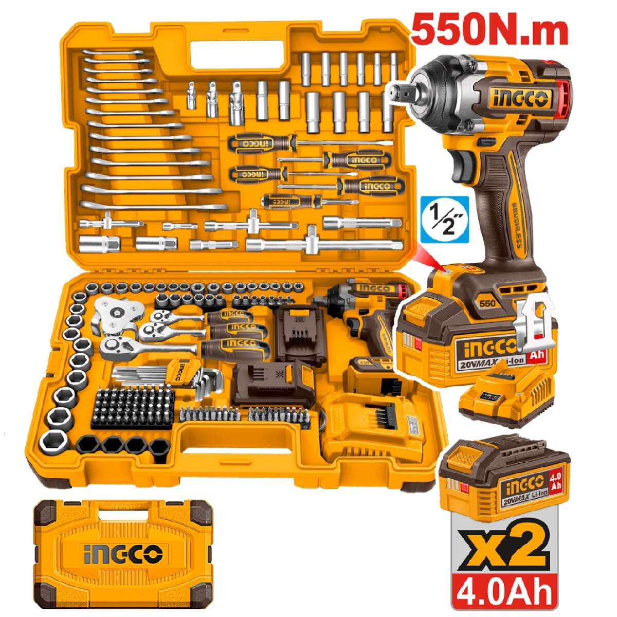 KIT SET 172 HERRAMIENTAS COMBINADAS + LLAVE DE IMPACTO A BAT - AMARILLO-NEGRO 