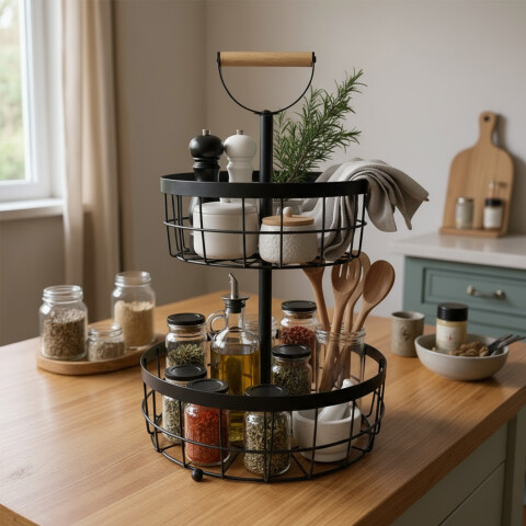 Canasto Organizador 2 Niveles Pisos Cesto Cocina baño Deco con manija madera IMBACK Canasto Organizador 2 Niveles Pisos Cesto Cocina baño Deco con manija madera IMBACK