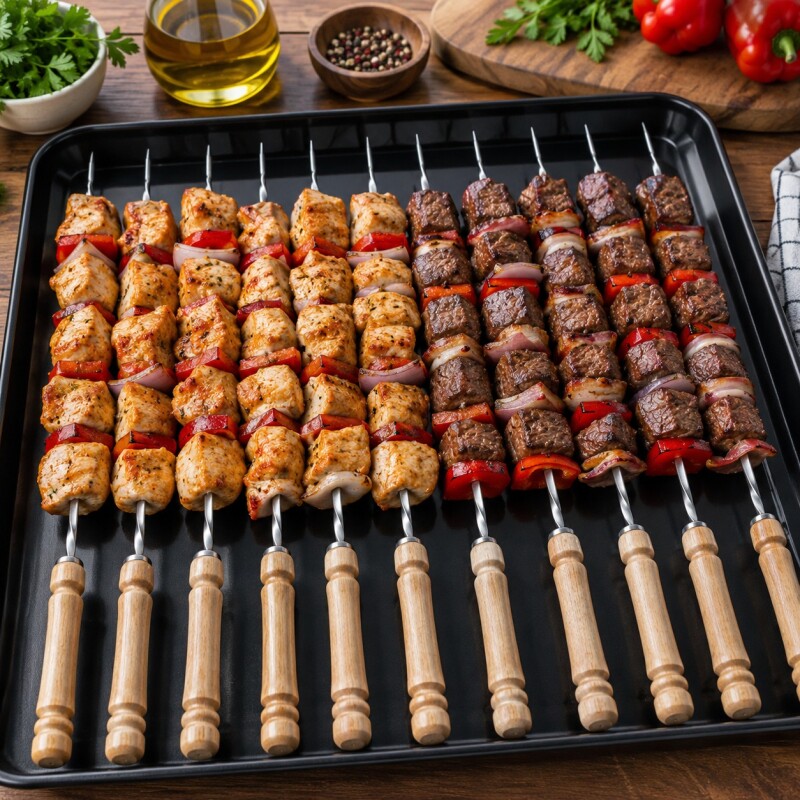 Pinchos para Brochete en Acero Inoxidable y Mango Madera Set 12 Unidades Pinchos para Brochete en Acero Inoxidable y Mango Madera Set 12 Unidades