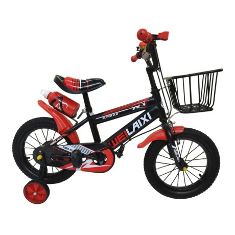 Bicicleta Infantil Rodado 16 c/Canasto Rueditas Portabotella Negro/rojo