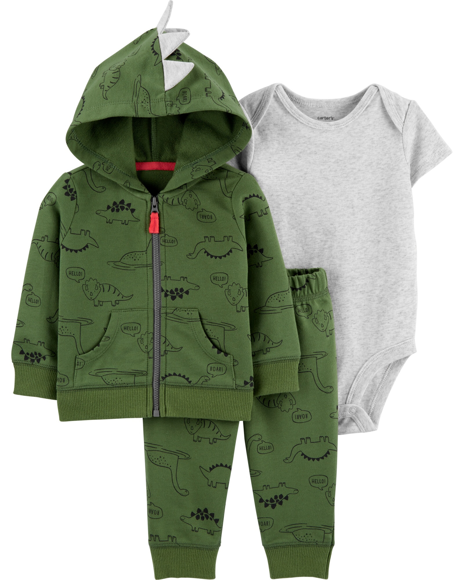 Set tres piezas de algodón, campera, pantalón y body, diseño dino Sin color