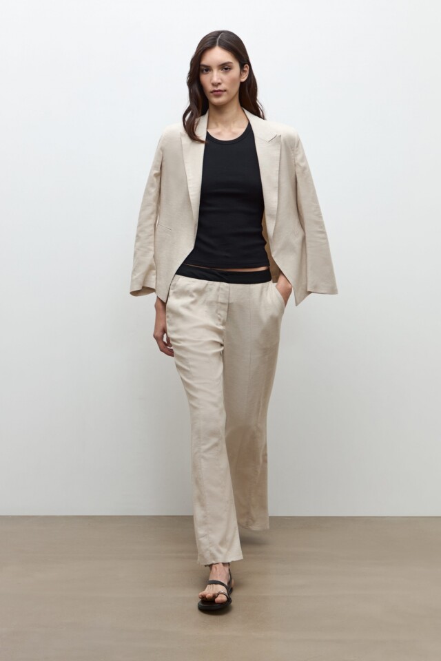 Pantalon lino cortes y godets beige melange